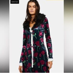 dELiA*s Black Faux Fur Trim Roses Velvet Duster Long Lone Cardigan